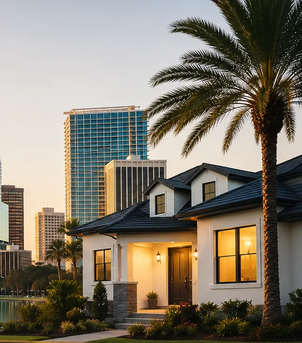 Luxury lakeside home at golden hour with the Orlando skyline and a palm tree