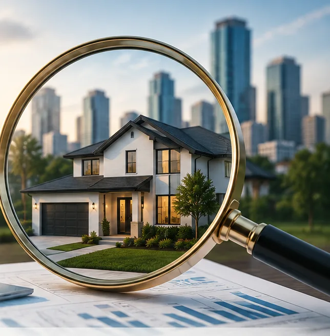 Magnifying glass examining a Central Florida investment home over an investment analysis chart