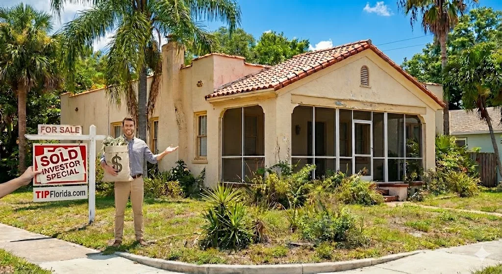Investor holding a bag of cash beside a SOLD investor-special sign in front of a Central Florida home